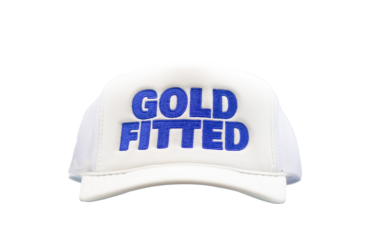 Gold Fitted Trucker Hat – White/Royal